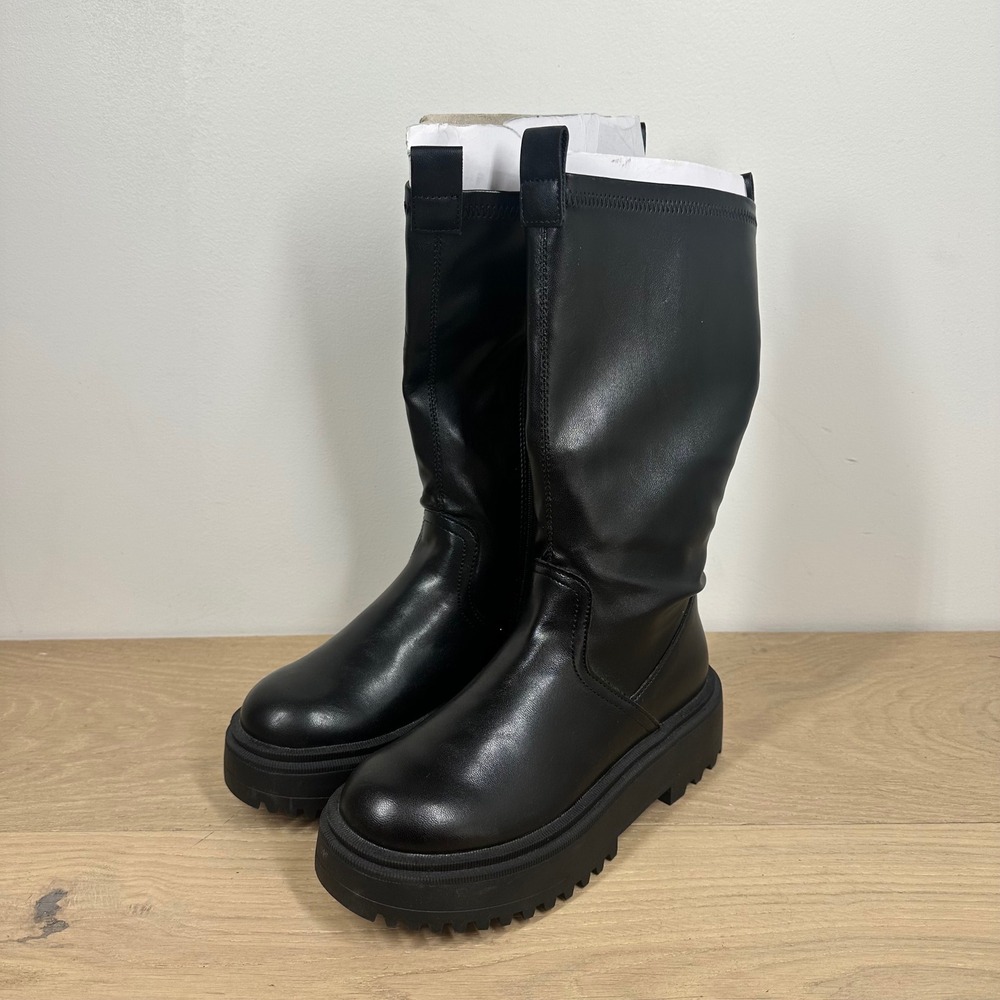 NWT Zara Boots Kids 2 Black Mid Calf Chunky Platform Lug Sole Moto Combat